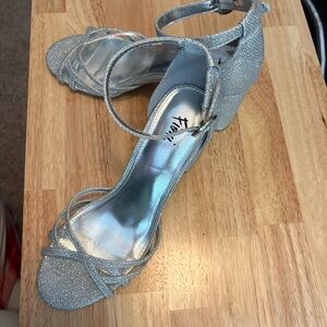 Like new. Beautiful, 3 in chunky heel, silver, sparkle, dance, wedding, prom, 9